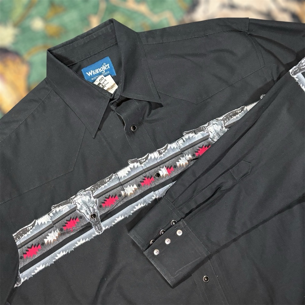 Vintage Wrangler Southwestern Pearl Snap Western Shirt Long Sleeve Black Large